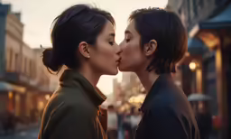 two woman kissing each other outside in the sun