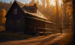 a man walking away from an old cabin in the woods,a house is next to a trail during the day