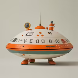 an old toy orange and white submarine on wheels