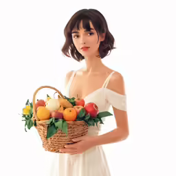 a model holding a basket full of oranges
