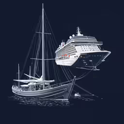 a painting with boats and a cruise ship in the background