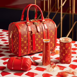 a red bag, bottles and a pair of scissors on top of a table,a red suitcase next to several smaller bags