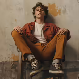 man sitting down with one foot on the floor in front of a wall