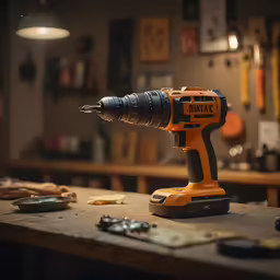 an electric drill sitting on a table with a tool nearby