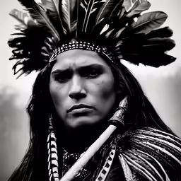 a man in native american headdress, wearing feathers and looking at the camera