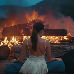 there is a woman that is sitting in front of the fire