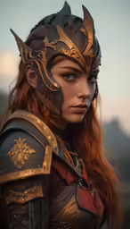 the beautiful redhead woman wearing armor and helmet