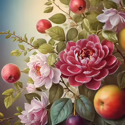 a close up of a painting with fruit