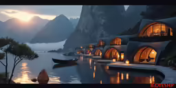 many boats floating on the water in front of tall mountains