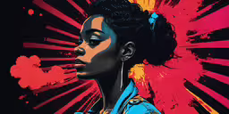 an image of a woman with a pair of hoop earrings,a black woman with her hair in a ponytail with bright colors