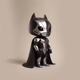the toy bat standing up with his batman outfit on