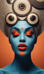 the girl is very colorful and artistic and she has many different objects on her head