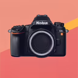 a digital camera in a red and blue background