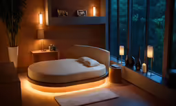 a round bed lit up with lights on it