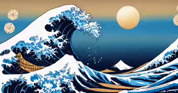 a big wave with the sun behind it,the great wave, by artist kenzoro is a painting that depicts a large crashing wave