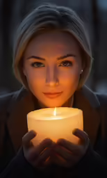 woman holding a candle with a lit candle in her hand