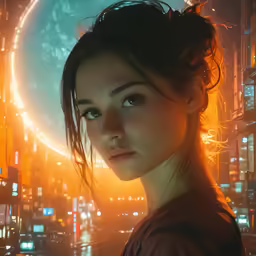 a beautiful woman standing in the middle of a city at night
