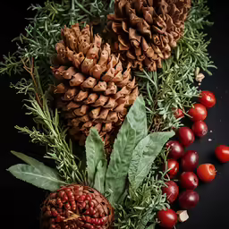 some pine cones with a plant and tomatoes