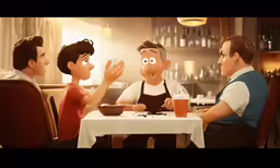 four animated characters sitting around a dining table talking