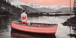 a young woman sitting in a boat on top of a lake,a woman sitting in a red canoe in front of the mountains