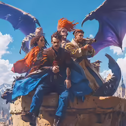 the game character, dragon age, is sitting on top of a structure with two other characters
