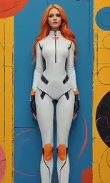 a very cute woman wearing all white standing in front of a blue wall