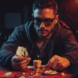 a man in a dark jacket putting gold foil on his food