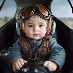 a small toddler wearing goggles sitting in a baby car seat