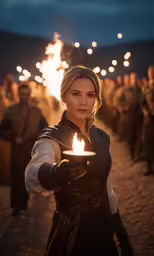 a woman in armor holding a candle
