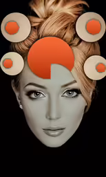 a woman with orange circles on her head and several red dots at the top