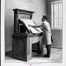 an old photo with a man placing a sheet of paper in a wooden structure