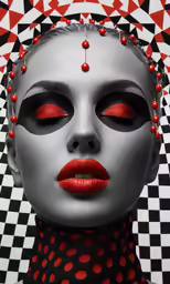 a girl with makeup with red eyes is wearing a polka dot mask