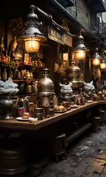 a number of items sitting on tables with lights around them