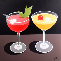 two wine glasses with liquid and cherries on them