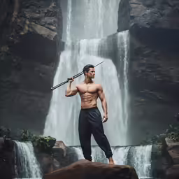 the man with a sword stands on a rock in front of a waterfall