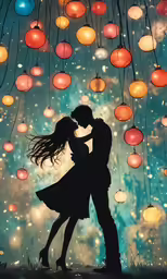 a couple are kissing under hanging colored lights