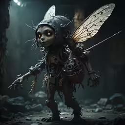 an animated character dressed as a fairy with yellow eyes
