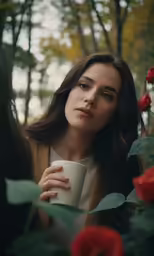 woman holding a coffee mug with red roses around her