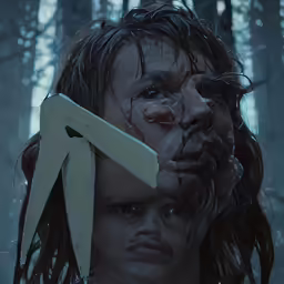 a woman with scissors in her hand, and a cut up face