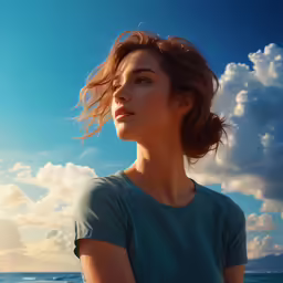 a young woman stands on a beach with her hair flying in the wind