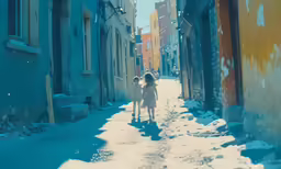two children walking down an alley in the snow