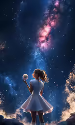 a little girl looking at a sky filled with stars and planets