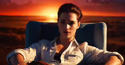 a girl in a white shirt sitting on a blue chair,a beautiful woman posing for a photo at sunset