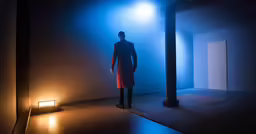a person in an empty room with one light on