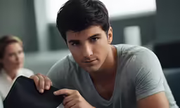 a man wearing a gray shirt sitting down