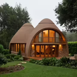 a large home made of stone is lit up at night