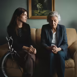 an elderly woman sitting on top of a couch next to a young woman