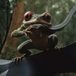 a frog with large eyes is sitting on top of a piece of metal