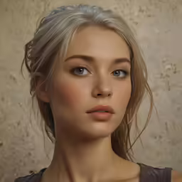 a woman with a blonde headband and a ponytail