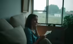 a woman sitting on the couch looking at something